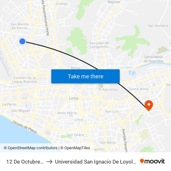 12 De Octubre, 1521 to Universidad San Ignacio De Loyola Campus 1 map