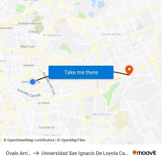 Óvalo Arriola to Universidad San Ignacio De Loyola Campus 1 map