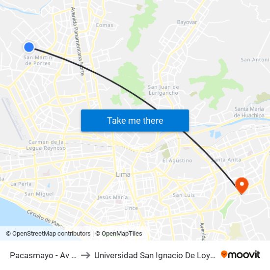 Pacasmayo - Av El Olivar to Universidad San Ignacio De Loyola Campus 1 map