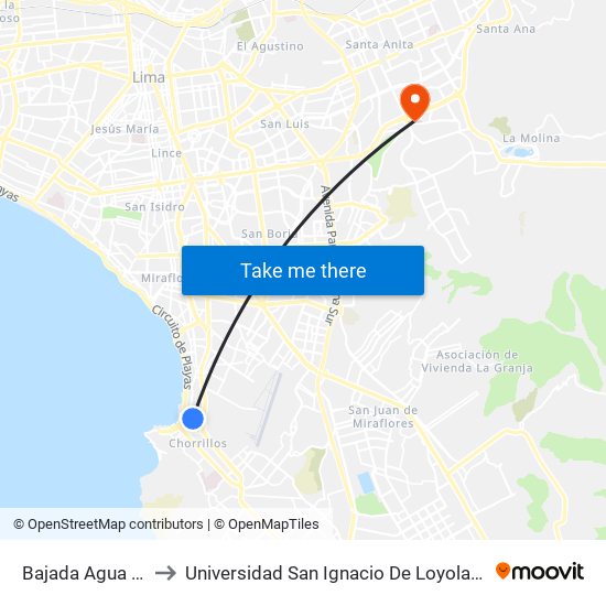 Bajada Agua Dulce to Universidad San Ignacio De Loyola Campus 1 map