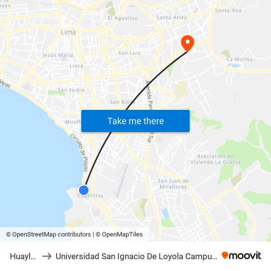 Huaylas to Universidad San Ignacio De Loyola Campus 1 map