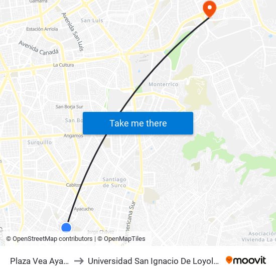 Plaza Vea Ayacucho to Universidad San Ignacio De Loyola Campus 1 map