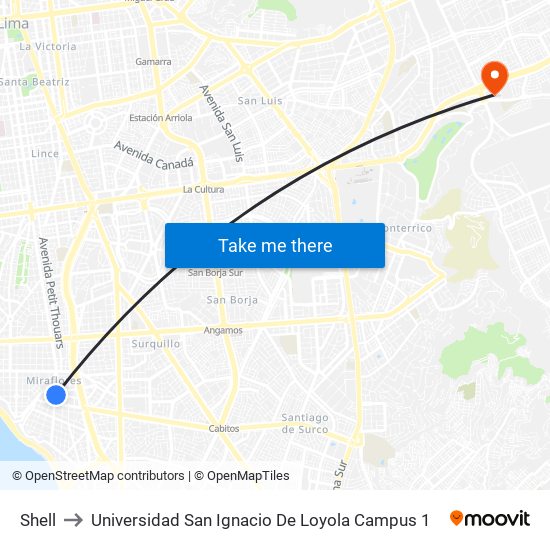 Shell to Universidad San Ignacio De Loyola Campus 1 map
