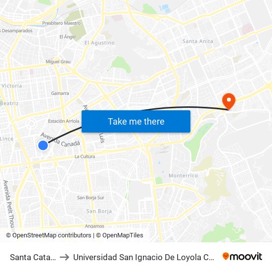 Santa Catalina to Universidad San Ignacio De Loyola Campus 1 map