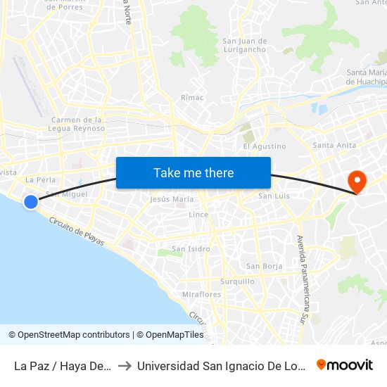 La Paz / Haya De La Torre to Universidad San Ignacio De Loyola Campus 1 map