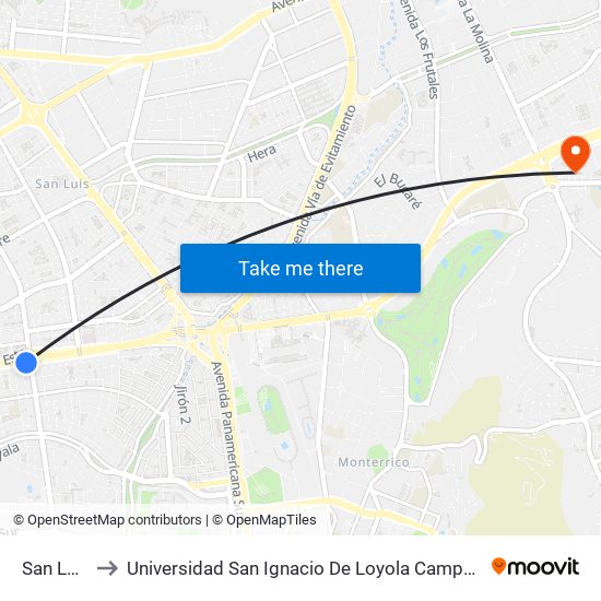 San Luis to Universidad San Ignacio De Loyola Campus 1 map