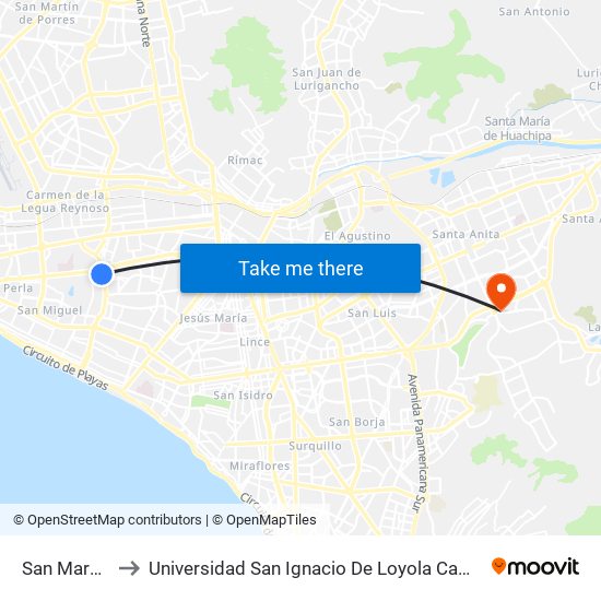 San Marcos to Universidad San Ignacio De Loyola Campus 1 map