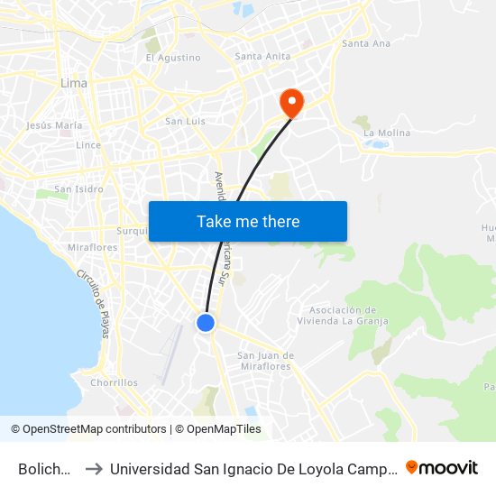 Bolichera to Universidad San Ignacio De Loyola Campus 1 map