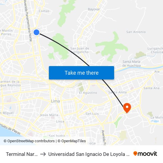 Terminal Naranjal to Universidad San Ignacio De Loyola Campus 1 map