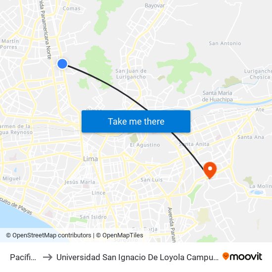 Pacífico to Universidad San Ignacio De Loyola Campus 1 map