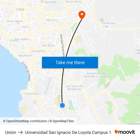 Unión to Universidad San Ignacio De Loyola Campus 1 map