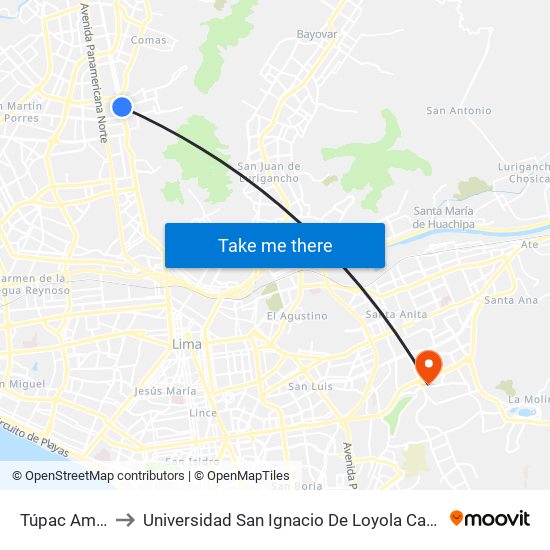 Túpac Amaru to Universidad San Ignacio De Loyola Campus 1 map