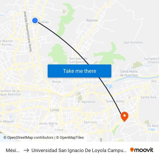 México to Universidad San Ignacio De Loyola Campus 1 map