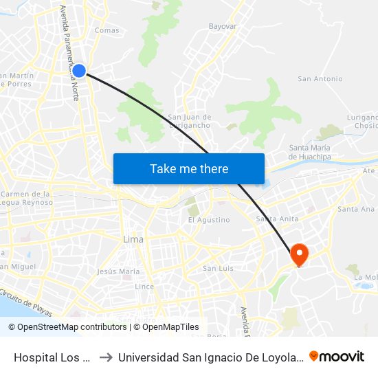 Hospital Los Olivos to Universidad San Ignacio De Loyola Campus 1 map