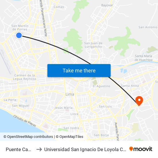 Puente Camote to Universidad San Ignacio De Loyola Campus 1 map