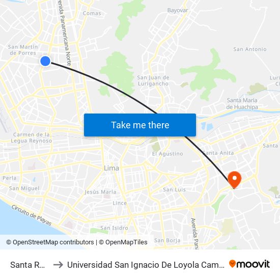 Santa Rosa to Universidad San Ignacio De Loyola Campus 1 map