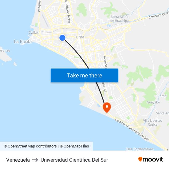 Venezuela to Universidad Científica Del Sur map