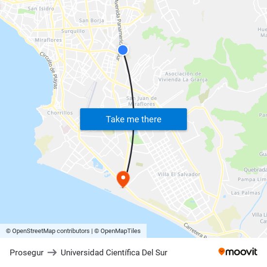 Prosegur to Universidad Científica Del Sur map