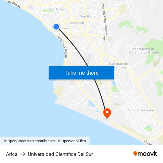 Arica to Universidad Científica Del Sur map