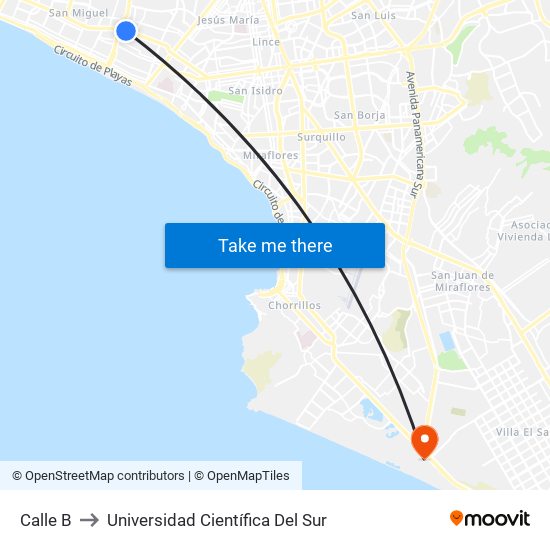 Calle B to Universidad Científica Del Sur map
