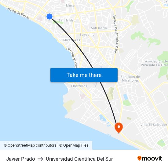 Javier Prado to Universidad Científica Del Sur map