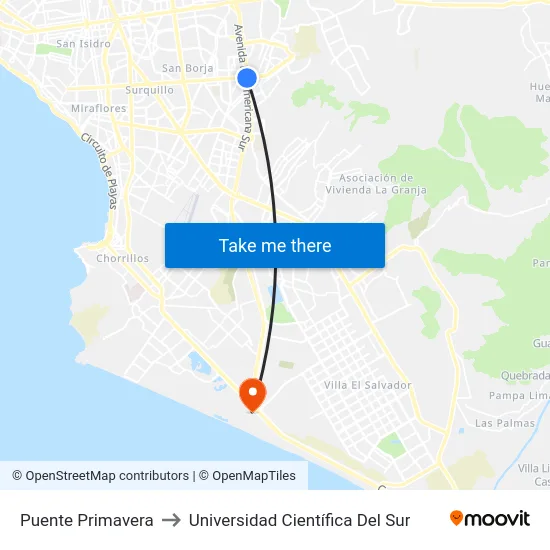 Puente Primavera to Universidad Científica Del Sur map