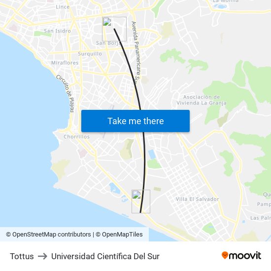 Tottus to Universidad Científica Del Sur map