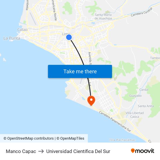 Manco Capac to Universidad Científica Del Sur map