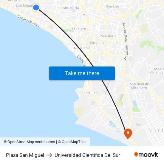 Plaza San Miguel to Universidad Científica Del Sur map