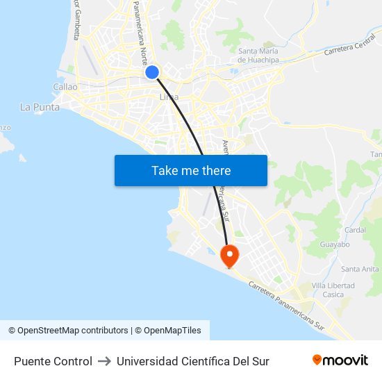 Puente Control to Universidad Científica Del Sur map
