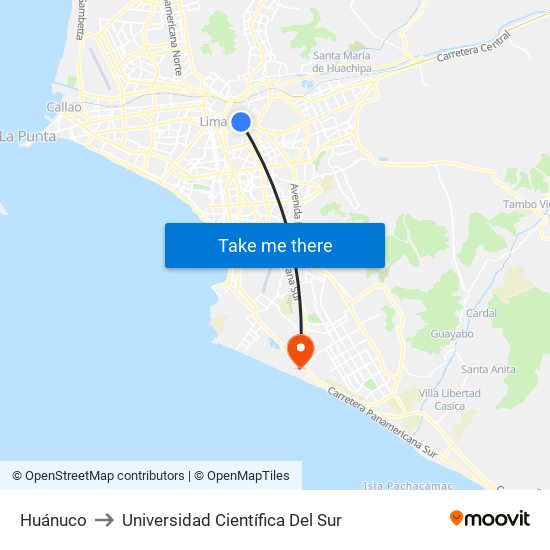 Huánuco to Universidad Científica Del Sur map