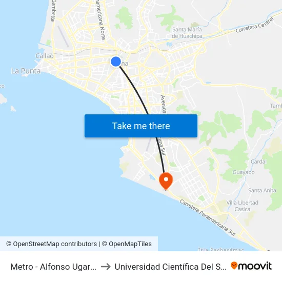 Metro - Alfonso Ugarte to Universidad Científica Del Sur map