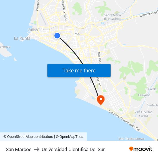 San Marcos to Universidad Científica Del Sur map