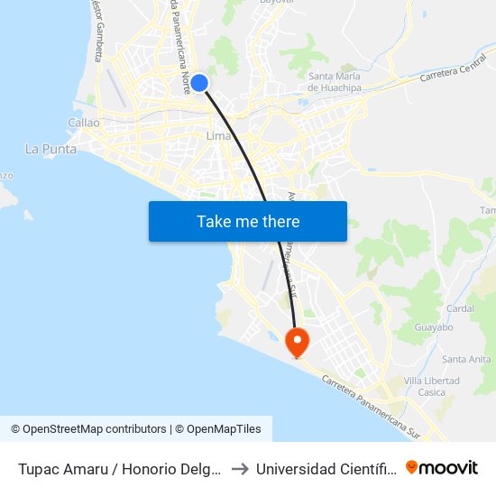 Tupac Amaru / Honorio Delgado - Puerta 5 to Universidad Científica Del Sur map