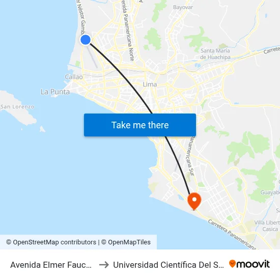 Avenida Elmer Faucett to Universidad Científica Del Sur map
