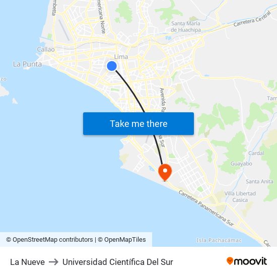 La Nueve to Universidad Científica Del Sur map
