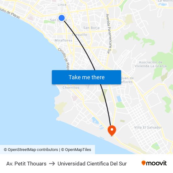 Av. Petit Thouars to Universidad Científica Del Sur map