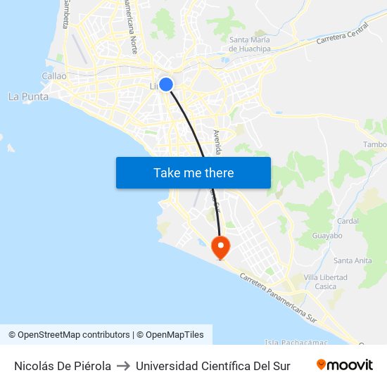 Nicolás De Piérola to Universidad Científica Del Sur map