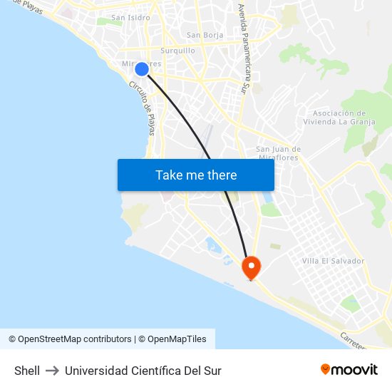 Shell to Universidad Científica Del Sur map