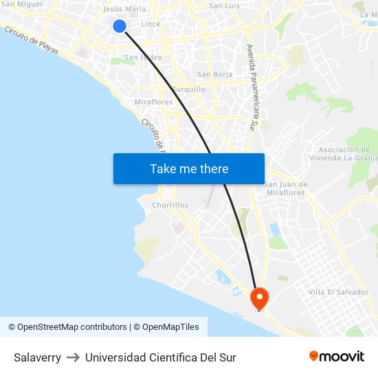 Salaverry to Universidad Científica Del Sur map