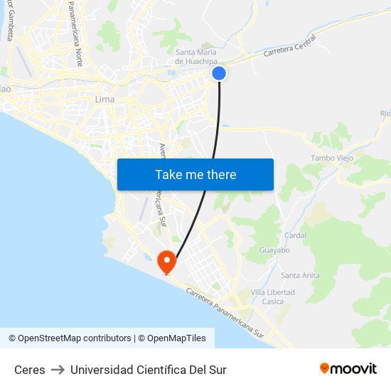 Ceres to Universidad Científica Del Sur map