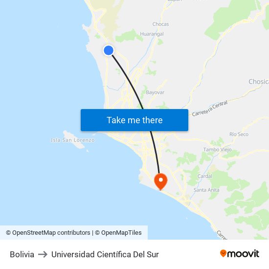 Bolivia to Universidad Científica Del Sur map