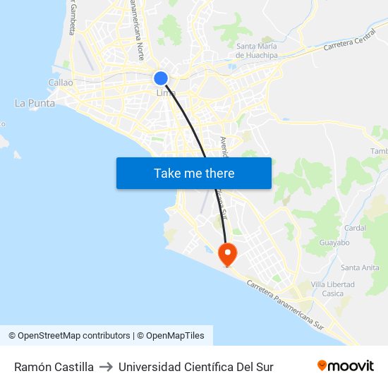 Ramón Castilla to Universidad Científica Del Sur map