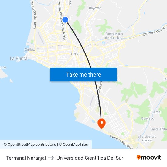 Terminal Naranjal to Universidad Científica Del Sur map