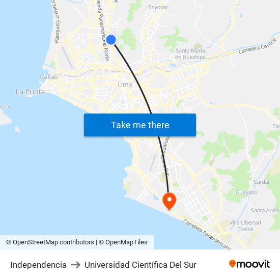 Independencia to Universidad Científica Del Sur map