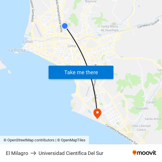 El Milagro to Universidad Científica Del Sur map