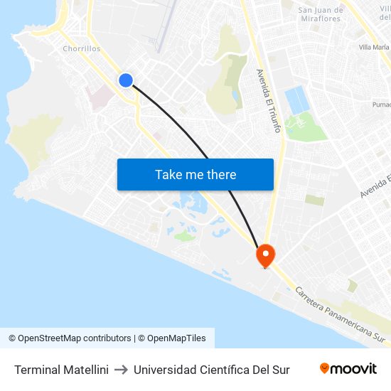 Terminal Matellini to Universidad Científica Del Sur map