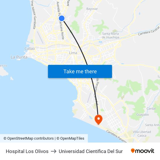 Hospital Los Olivos to Universidad Científica Del Sur map