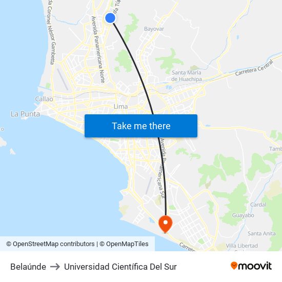 Belaúnde to Universidad Científica Del Sur map