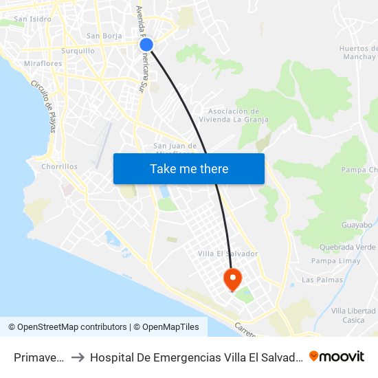 Primavera to Hospital De Emergencias Villa El Salvador map